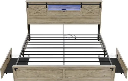 Vista 9 de Base de cama de tamaño King de estilo granja de Hasuit con estante de almacenamiento, cabecero, cama de madera King con luces LED, estación de Roble