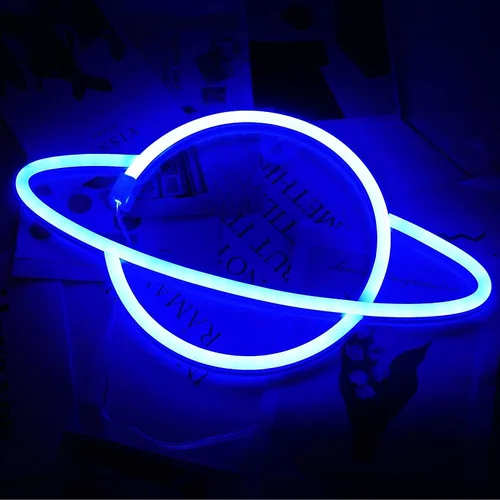 Vista 5 de Luces LED de neón, WONFAST Planet Rocket, letreros de neón acrílicos con pilas o USB, decoración de pared para habitación de niños, Navidad Azul