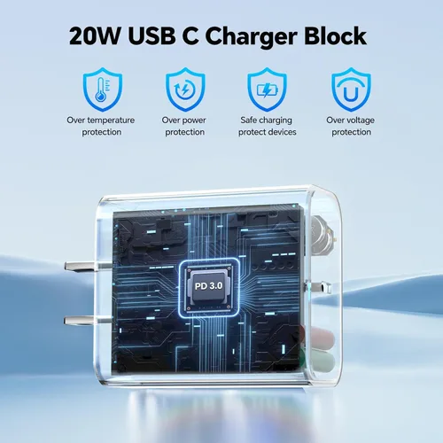 Vista 3 de Cable de carga rápida de 10 pies + bloque de cargador USB C de 20 W - azul, verde y rosa
