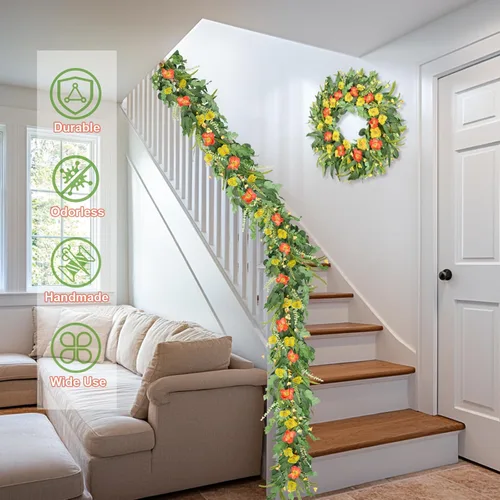 Vista 4 de Guirnalda de verano de 6 pies para decoración, guirnaldas de flores de eucalipto verde de verano para mesa de manto, decoración de boda, enredaderas