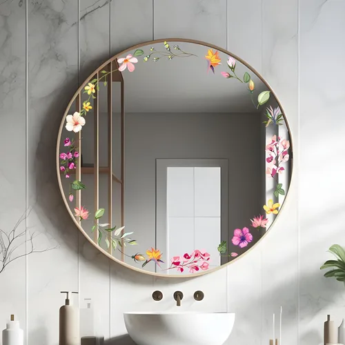 Vista 4 de Calcomanías de espejo floral, calcomanías de pared de flores, calcomanías de pared para despegar y pegar, gráficos estéticos, decoración de baño