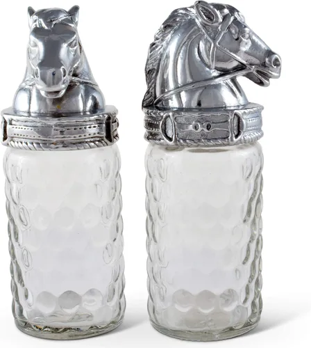 Vista 3 de Arthur Court Patrón de caballo S/P con aluminio con tapa ecuestre pulida a mano de calidad artesanal para sal y pimienta de vidrio grande, 6