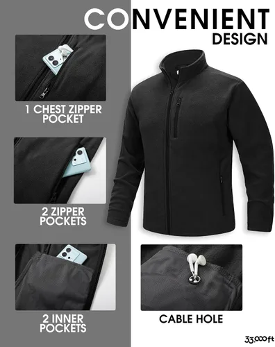 Vista 5 de 33,000ft - Chaqueta de forro polar con cremallera completa para hombre, ligera, cálida y suave, chaquetas de manga larga con bolsillos
