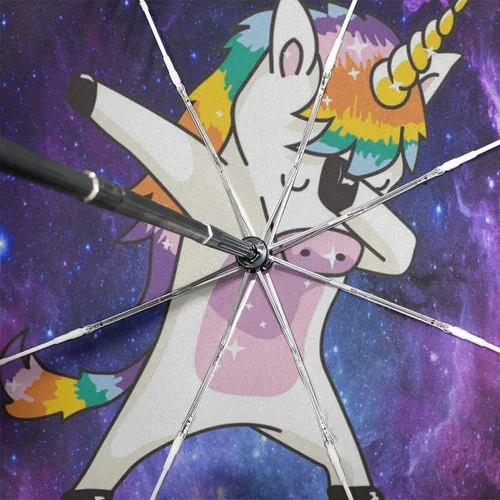 Vista 4 de Wamika Divertido paraguas de unicornio con diseño de galaxia y nebulosa, cierre automático, diseño de estrellas arcoíris, compacto, resistente al