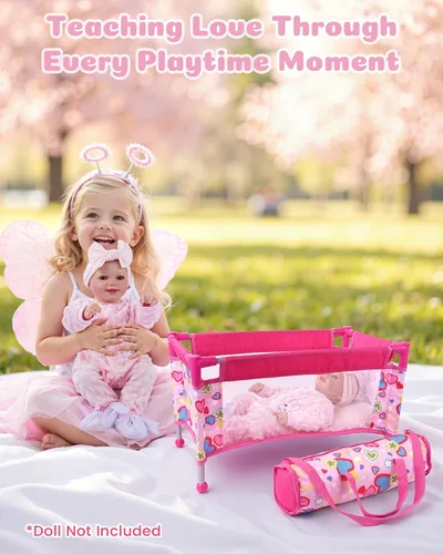 Vista 4 de BABESIDE Juego de cuna para muñecas de 18 pulgadas, cama de muñeca de bebé, cuna de juguete con bolsa de almacenamiento para accesorios de muñeca