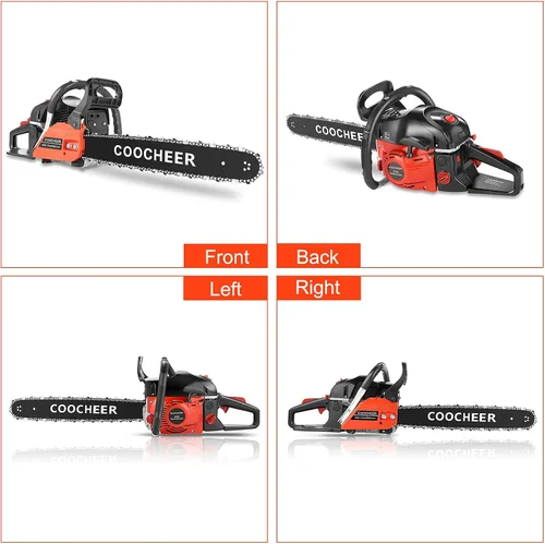 Vista 3 de COOCHEER Motosierra de gas de 62 CC con barra de 20 pulgadas, 2 cadenas y motor de 3.5 HP, motosierra inalámbrica de mano para cortar y limar madera