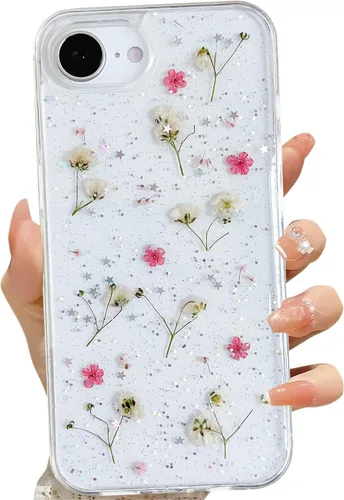Vista 16 de LSEEKA Funda transparente para iPhone 11 con diseño de flores prensadas reales, linda y brillante, patrón floral rosa, funda protectora delgada