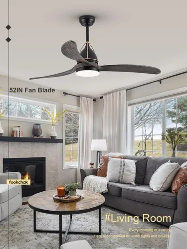 Vista 7 de Ventilador de techo de 52 pulgadas de madera gris sólida con luces, 3 aspas, ventilador de techo estilo granja, ventiladores negros para exteriores