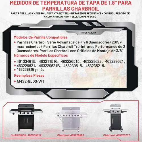 Vista 2 de Termómetro de Tapa de 4.6 cm G432-8L00-W1 para Reemplazo de Termómetro de Parrilla Charbroil Advantage & Tru-Infrared Performance 463625217 1.8