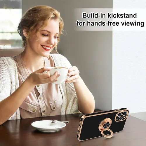 Vista 6 de Hython - Funda para iPhone 14 Pro con soporte de anillo [soporte magnético de anillo giratorio de 360°] [soporte para montaje en coche] Borde dorado