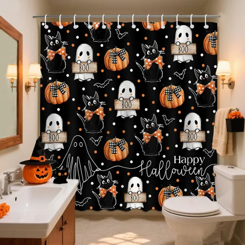 Vista 6 de Mocsicka Cortina de ducha de Halloween con dibujos animados, fantasma, lindo gato negro, calabaza, cortina de ducha de baño, cortina de ducha