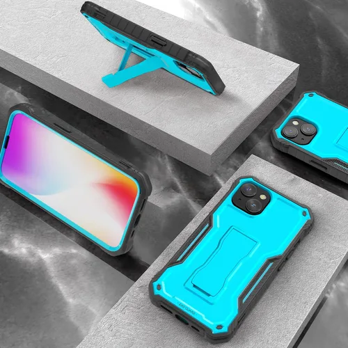 Vista 5 de ExoGuard Funda para iPhone 14, funda de goma a prueba de golpes de cuerpo completo viene con un protector de pantalla de vidrio templado y soporte