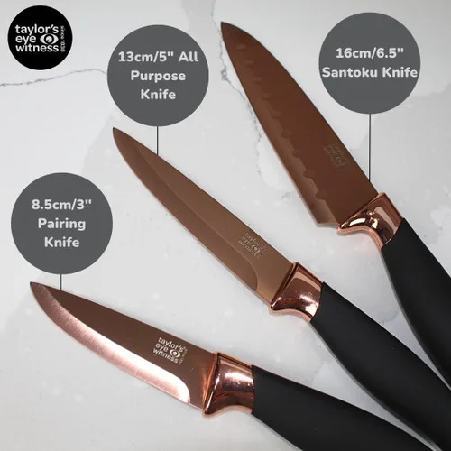 Vista 3 de Juego de 3 cuchillos de cocina de regalo - Brooklyn por Taylors Eye Witness. Refuerzos de color oro rosa, hojas afiladas como navajas finamente