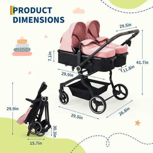 Vista 4 de Tandem - Cochecito doble para recién nacidos y niños pequeños, ligero y compacto, plegable, con reclinación y toldo ajustables, portavasos