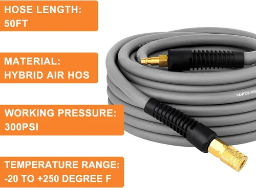 Vista 6 de GASHER Manguera de aire híbrida gris de 3/8" x 50FT, usada para conectar el compresor de aire, conector rápido industrial de 1/4" y enchufe