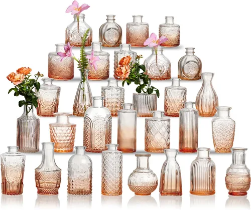 Vista 21 de Juego de jarrones de cristal para capullos de 20 piezas - Jarrones pequeños para flores a granel - Jarrones de cristal vintage surtidos para flores