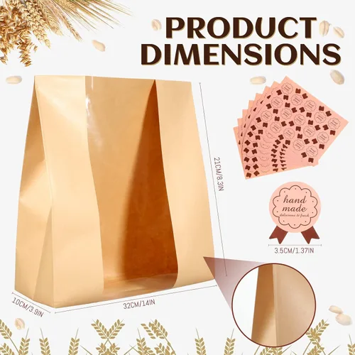 Vista 3 de Meanplan 150 bolsas de panadería con ventana, bolsas grandes de papel para pan casero, embalaje Kraft con 10 hojas de calcomanías para pan de masa