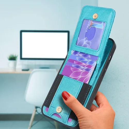 Vista 4 de Funda compatible con iPhone 15 Plus con ranuras elásticas para tarjetas, bolsillo con cremallera, soporte magnético a presión para iPhone 15 Plus 14