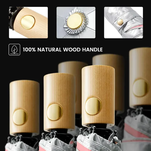 Vista 7 de G4Free Paraguas de viaje con protección UV UPF 50+ con mango de madera, 42 pulgadas, ligero, para sol, lluvia, plegable, cierre automático