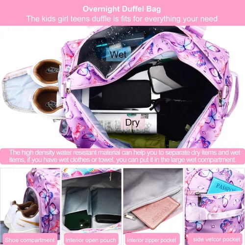 Vista 5 de Bolsa de viaje para gimnasio para niñas, bolsa de gimnasia deportiva con compartimento para zapatos y bolsillo húmedo, bolsa de viaje para niños