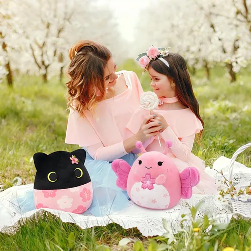 Vista 5 de Peluche de gato negro, animal de peluche Sakura con bordado Sakura en la cabeza, regalos de felpa suave para niños y niñas