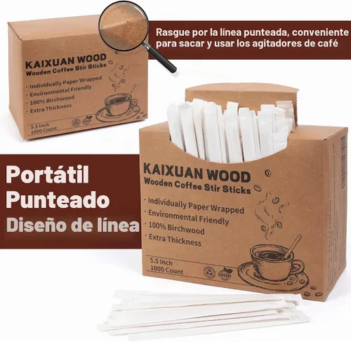 Vista 3 de 1000 agitadores de café envueltos individualmente de madera, palitos de madera desechables de 5.5 pulgadas para café, cóctel y bebidas calientes