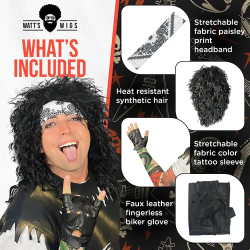 Vista 2 de Watt's Wigs Disfraz de estrella de rock de los años 80 para hombre, peluca negra con diadema, manga de tatuaje y guante, traje rockero de los 80