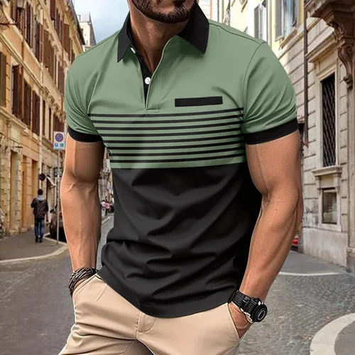 Vista 3 de Camisetas de punto con botones para hombre, elásticas, estilo casual, ajustadas, polo, manga corta, ajustadas