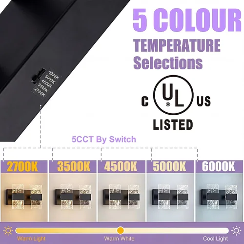 Vista 3 de Moderna lámpara LED de baño, regulable, 2 luces, color negro, 5CCT, ajustable, luces de tocador sobre el espejo, luces LED de acrílico ahumado