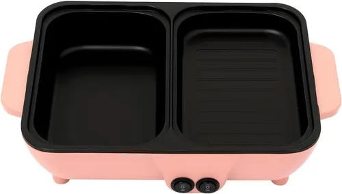 Vista 3 de Olla caliente 2 en 1 rosa con parrilla, olla caliente eléctrica de 1200 W, sin humo, antiadherente, para hornear y plancha, control de temperatura