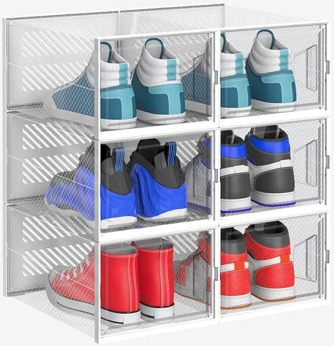 Vista 8 de Cajas de almacenamiento de zapatos plegables XXL, paquete de 6 cajas de zapatos apilables de plástico transparente, organizador de zapatos