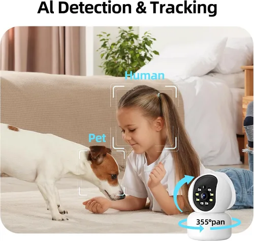 Vista 4 de Hawkray - Cámara de seguridad de 360° 2K 3MP para interiores, alerta de movimiento inteligente WiFi de 2.4/5 GHz con IA y conexión 911, visión
