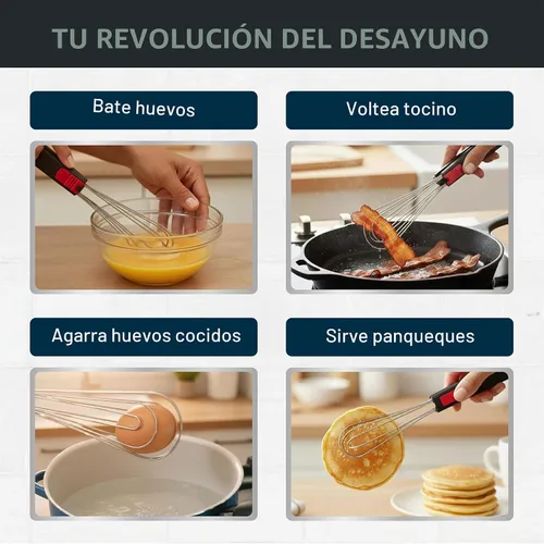 Vista 3 de Batidor plano y pinzas para cocinar: herramienta de cocina multiusos para batir huevos, pinzas para ensalada, barbacoa, batidor para cocinar Negro
