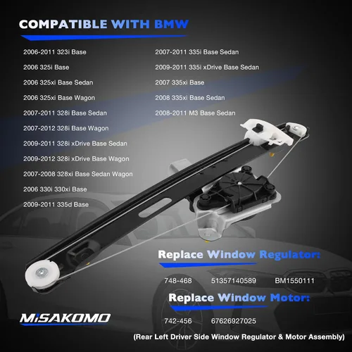 Vista 5 de Regulador de ventana, compatible con BMW 3 E90 E91 2006-12 323i 325i 325xi 328i 328xi 330i 330xi 335d 335i 335xi xDrive M3 BMW 3 Elevaluna trasero
