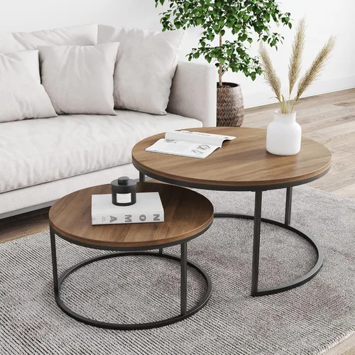 Vista 10 de Nathan James Stella - Juego de 2 mesas de café redondas y modernas, apilables, para sala de estar, con acabado de madera industrial y marco de metal