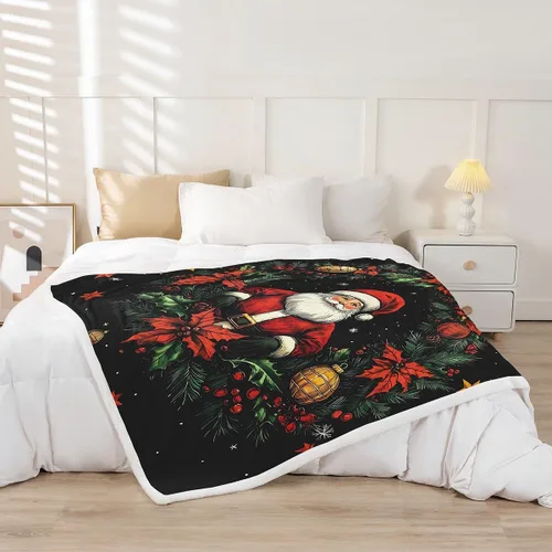 Vista 2 de Manta de cama Kawaii de Papá Noel, manta rústica de felpa con corona de Navidad para decoración rústica del hogar, manta de franela de flores rojas
