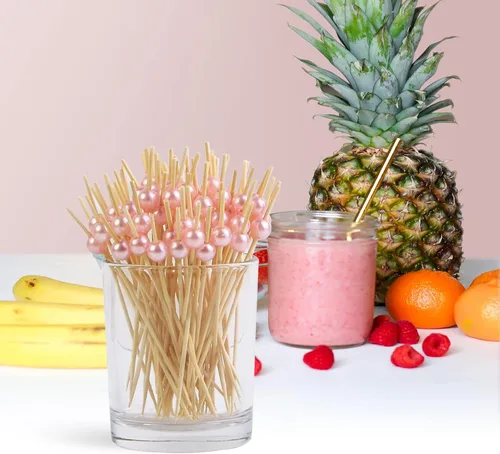 Vista 7 de 100 palillos de cóctel, palillos de dientes elegantes para aperitivos hechos a mano de bambú, palitos de perlas rosadas, palillos de alimentos