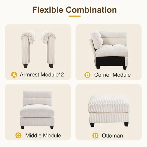 Vista 7 de HAOMARKETS Sofá esquinero modular en forma de L de 115 pulgadas con 2 otomanas móviles, sofás de pana de 8 plazas con cojín grueso para sala de Beige