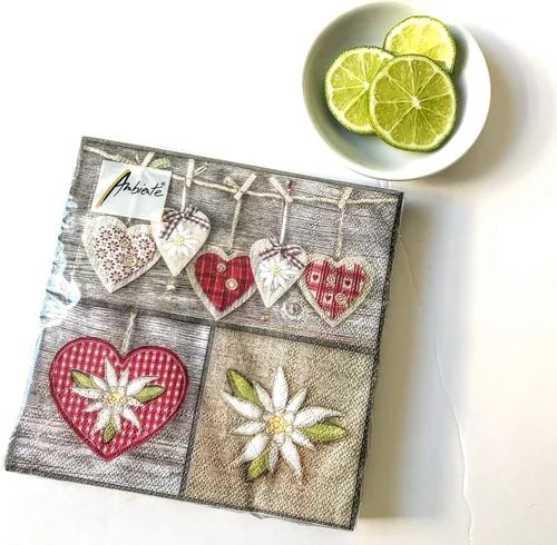 Vista 8 de 20 servilletas de corazón Edelweiss de 13 x 13 pulgadas, servilletas decorativas desechables, papel gris, marrón, rojo, blanco, verde, 3 capas