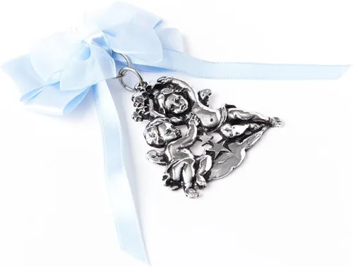 Vista 2 de Medalla de cuna católica de estrella de ángel con cinta de satén. Regalo de bautismo perfecto para bebés, regalos de bautizo para bebés, baby shower