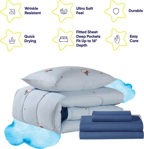 Vista 6 de Juego de edredón con diseño de baloncesto tamaño individual – Ropa de cama en una bolsa con sábanas, fundas de almohada y fundas decorativas