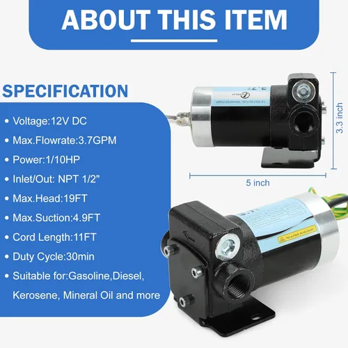 Vista 2 de 12V CC Bomba de transferencia de combustible/gasolina con cables de conexión, bomba reversible mejorada, protección térmica, control de interruptor