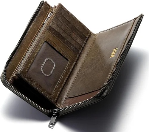 Vista 2 de IJUN Cartera larga de cuero de grano completo para hombres con cremallera de cuero genuino vintage italiano pulido a mano vegetal curtido de cuero