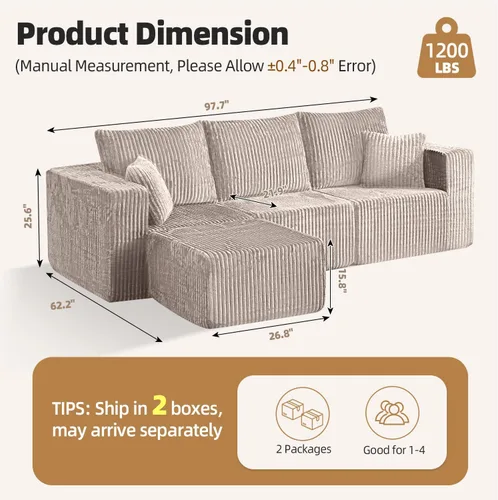 Vista 2 de Sofá modular de 98 pulgadas, sofá modular de 3 plazas en forma de L con otomana, moderno sofá seccional de nube para sala de estar, dormitorio Beige