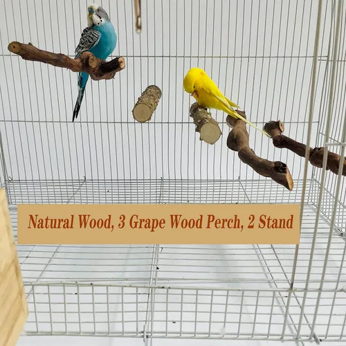 Vista 2 de 5 piezas de soporte de madera natural para loros, 3 perchas de madera de uva, 2 soportes, tenedor de pata de molienda, periquito, ramas