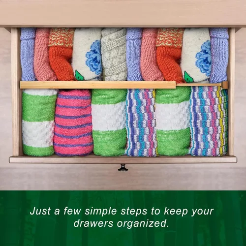 Vista 7 de FJO 6 Pack Bamboo Drawer Dividers 4.65" High Adjustable from 17'' to 22'' Strong Spring Loaded, Expandable Utensil Organizer, Works in Kitchen