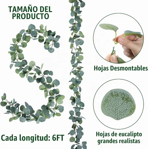 Vista 6 de Sggvecsy Paquete de 2 guirnaldas artificiales de eucalipto con hojas verdes hechas a mano de seda 3D, hojas de dólar plateadas, plantas de hojas