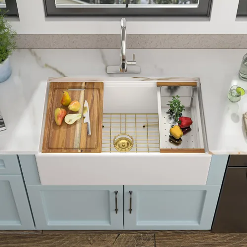 Vista 10 de Estación de trabajo de fregadero de granja negra de 30 x 20 pulgadas, delantal reversible con repisa, lavabo de cocina de cerámica de porcelana