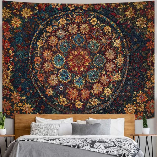 Vista 42 de Fowocu Tapiz bohemio con mandala floral para colgar en la pared, medallón de flores bohemias, tapiz estético, beige, naranja, hippie, indio, pequeño