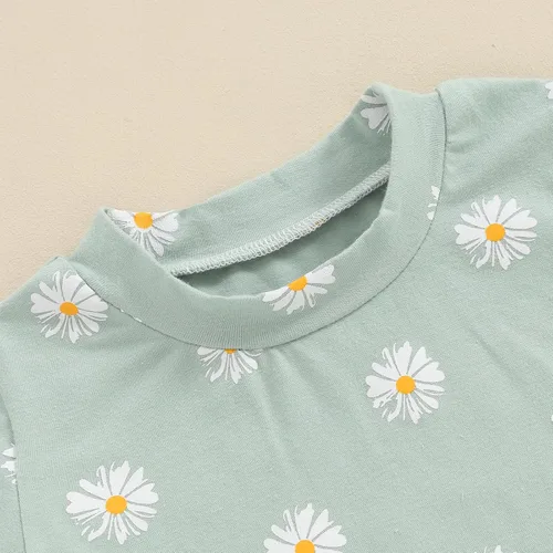 Vista 3 de fhutpw Conjunto de ropa de verano para niñas pequeñas, camisetas de manga corta con volantes de margaritas, tops y pantalones cortos florales, 2